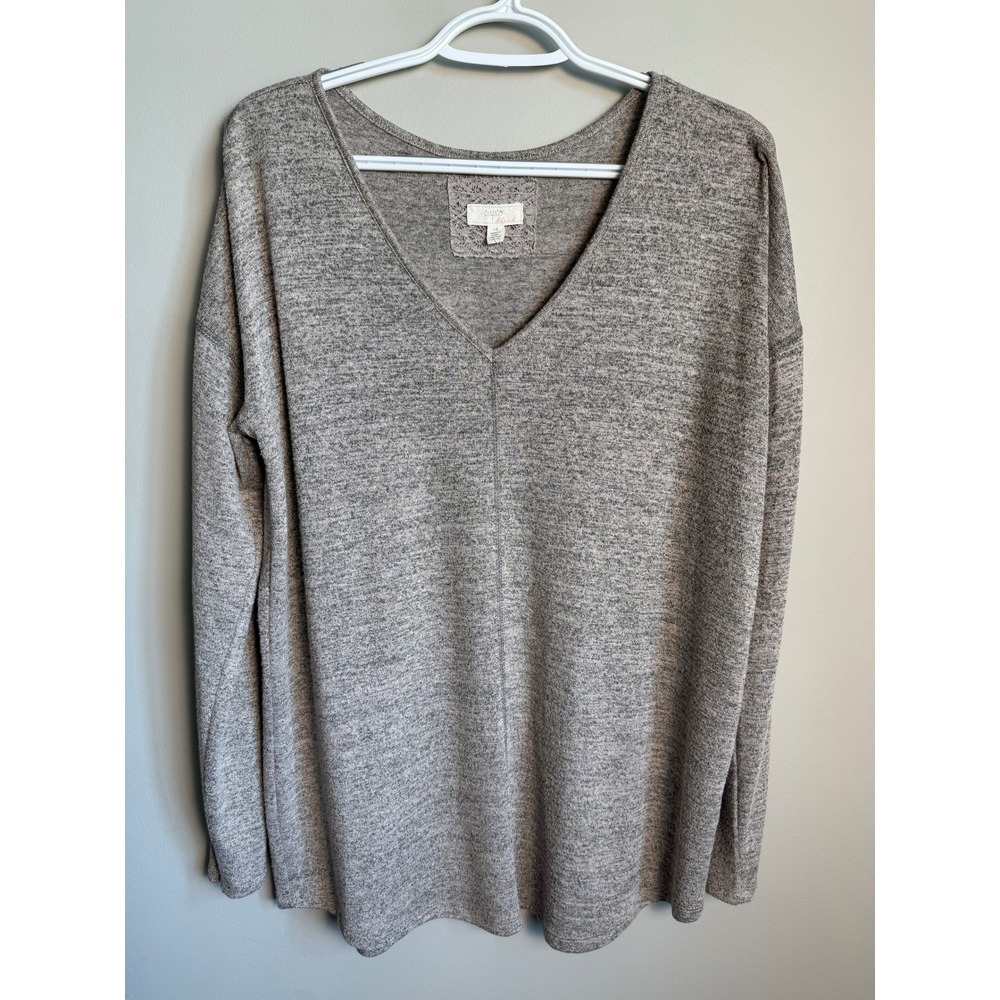 Cupio Blush V-Neck Long Sleeve Marled Knit Top L Casual Cozy Minimalist Neutral